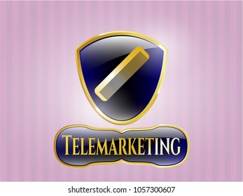  Gold shiny badge with hair comb icon and Telemarketing text inside