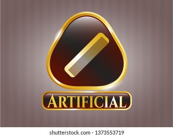  Gold shiny badge with hair comb icon and Artificial text inside