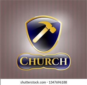  Gold shiny badge with hammer icon and Church text inside