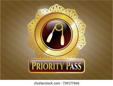  Gold shiny badge with hand gripper icon and Priority Pass text inside