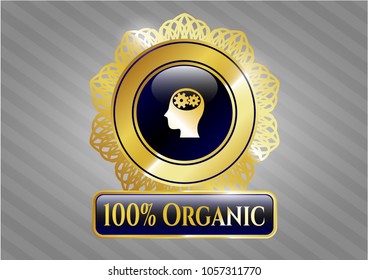  Gold shiny badge with head with gears inside icon and 100% Organic text inside