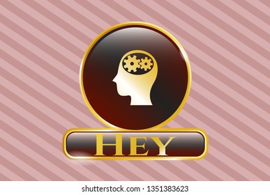  Gold shiny badge with head with gears inside icon and Hey text inside