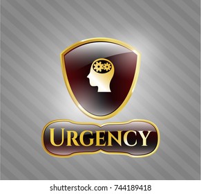  Gold shiny badge with head with gears inside icon and Urgency text inside