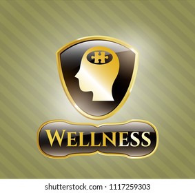  Gold shiny badge with head with jigsaw puzzle piece icon and Wellness text inside