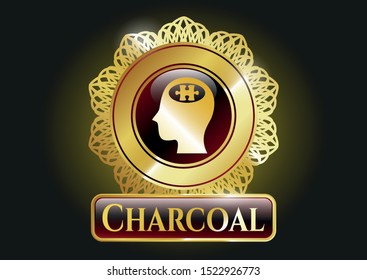  Gold shiny badge with head with jigsaw puzzle piece icon and Charcoal text inside