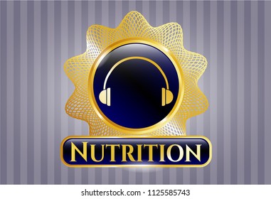  Gold shiny badge with headphones icon and Nutrition text inside