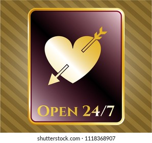  Gold shiny badge with heart with arrow icon and Open 24/7 text inside