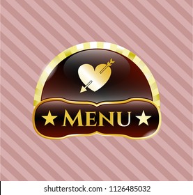  Gold shiny badge with heart with arrow icon and Menu text inside