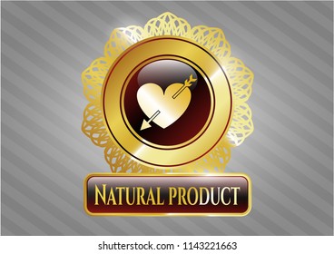  Gold shiny badge with heart with arrow icon and Natural Product text inside