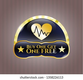  Gold shiny badge with heart with electrocardiogram icon and Buy one get One Free text inside