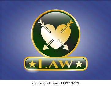  Gold shiny badge with heart with two arrows icon and Law text inside