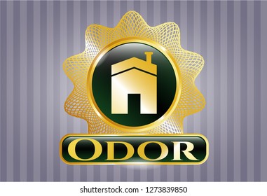  Gold shiny badge with house icon and Odor text inside