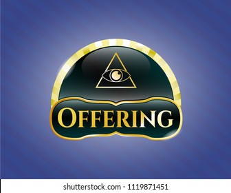  Gold shiny badge with illuminati pyramid icon and Offering text inside