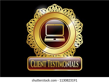  Gold shiny badge with laptop icon and Client Testimonials text inside