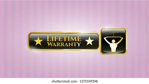  Gold shiny badge with lat pull down, exercise icon and Life Time Warranty text inside
