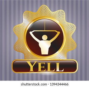  Gold shiny badge with lat pull down, exercise icon and Yell text inside