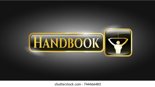  Gold shiny badge with lat pull down, exercise icon and Handbook text inside