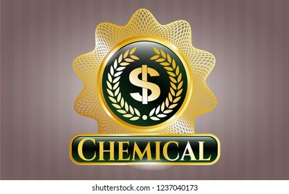  Gold shiny badge with laurel wreath with money symbol inside icon and Chemical text inside