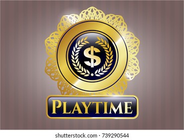  Gold shiny badge with laurel wreath with money symbol inside icon and Playtime text inside