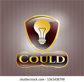  Gold shiny badge with light bulb icon and Could text inside