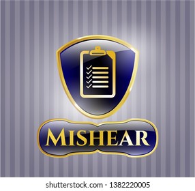  Gold shiny badge with list icon and Mishear text inside
