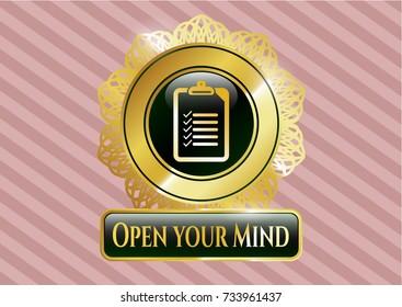  Gold shiny badge with list icon and Open your Mind text inside