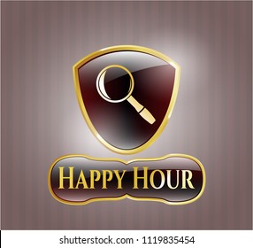  Gold Shiny Badge With Magnifying Glass Icon And Happy Hour Text Inside