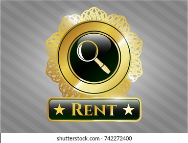  Gold shiny badge with magnifying glass icon and Rent text inside