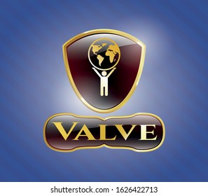  Gold shiny badge with man lifting world icon and Valve text inside