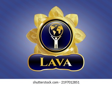 Gold Shiny Badge With Man Lifting World Icon And Lava Text Inside