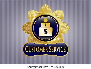  Gold shiny badge with man working on computer icon and Customer Service text inside