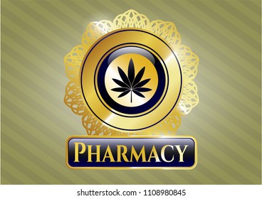  Gold shiny badge with marijuana leaf icon and Pharmacy text inside