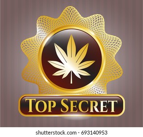  Gold shiny badge with Marijuana leaf (weed) icon and Top Secret text inside