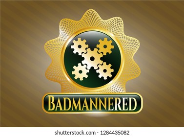  Gold shiny badge with mechanism icon and Badmannered text inside