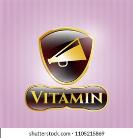  Gold shiny badge with megaphone icon and Vitamin text inside