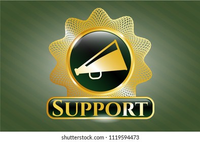  Gold shiny badge with megaphone icon and Support text inside