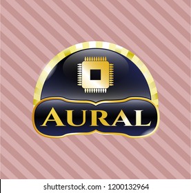  Gold shiny badge with microchip, microprocessor icon and Aural text inside