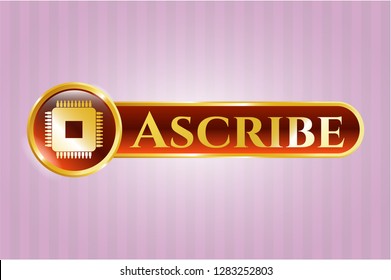  Gold shiny badge with microchip, microprocessor icon and Ascribe text inside