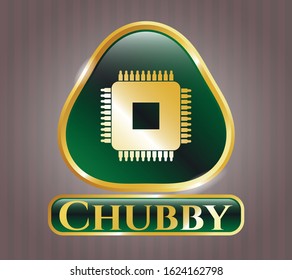  Gold shiny badge with microchip, microprocessor icon and Chubby text inside