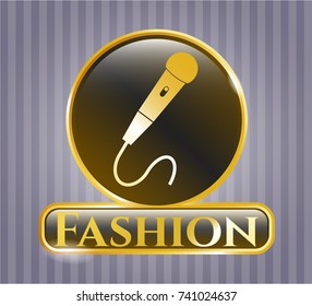  Gold shiny badge with microphone icon and Fashion text inside