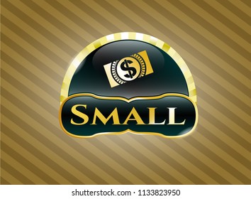  Gold shiny badge with money, dollar bill icon and Small text inside