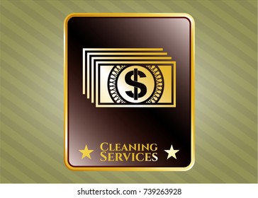  Gold shiny badge with money icon and Cleaning Services text inside