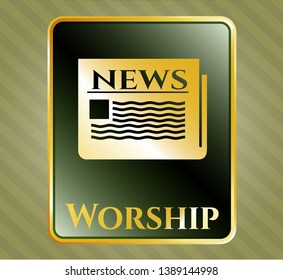  Gold shiny badge with newspaper icon and Worship text inside