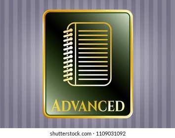   Gold shiny badge with note book icon and Advanced text inside