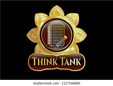  Gold shiny badge with notebook with pencil icon and Think Tank text inside