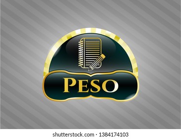  Gold shiny badge with notebook with pencil icon and Peso text inside