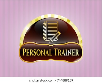  Gold shiny badge with notebook with pencil icon and Personal Trainer text inside