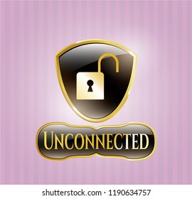  Gold shiny badge with open lock icon and Unconnected text inside