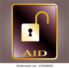  Gold shiny badge with open lock icon and Aid  text inside