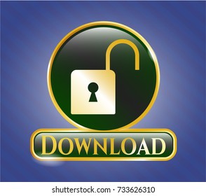  Gold shiny badge with open lock icon and Download text inside